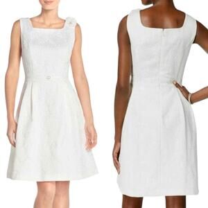 Ellen Tracy Floral Texture Fit & Flare Ivory White Dress Rhinestone Belt  8P